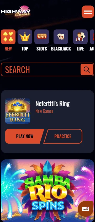 Highway Casino mobile browser games area with casino categories