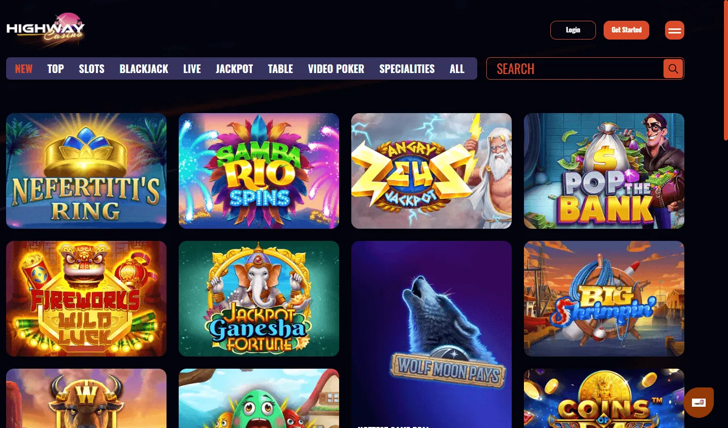 Highway Casino desktop game catalogue with pokies and casino categories