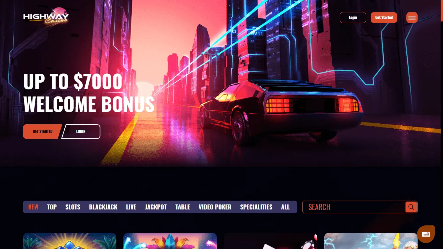 Highway Casino desktop home screen with casino offers and account options